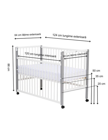 BN-QMMAY12CM03AL,Patut din lemn bebe, 120x60 cm, Cu laterala culisanta, Din lemn de pin si mdf, Stabil si rezistent, Inaltime sa