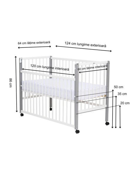 BN-QMMAY12CM03AL,Patut din lemn bebe, 120x60 cm, Cu laterala culisanta, Din lemn de pin si mdf, Stabil si rezistent, Inaltime sa