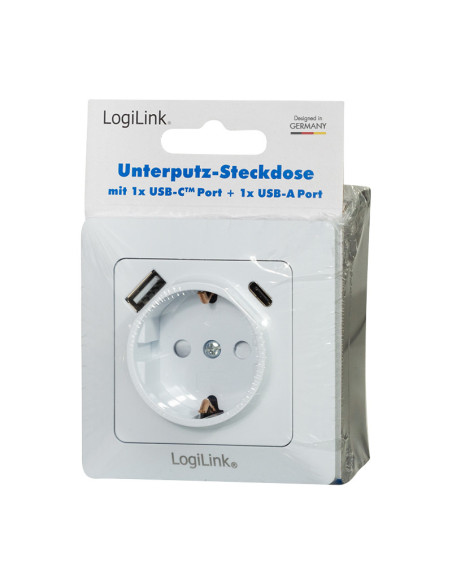 PA0253,PRIZA LOGILINK, pentru perete, Schuko x 1, USB x1 5 V/2.1 A (10.5 W) / USB-C x 1 fast charge 5 V/3 A (15 W), 9 V/2 A (18 
