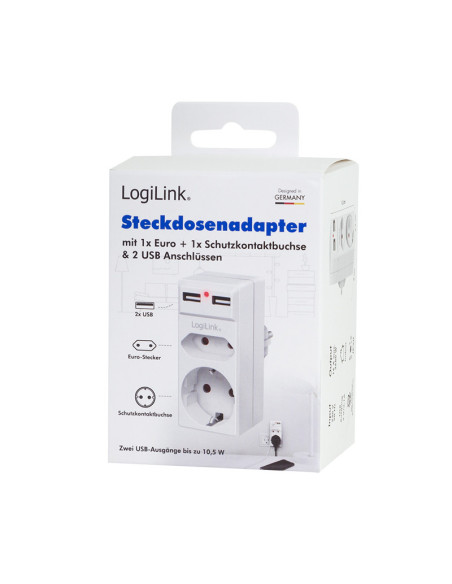 PA0276,PRIZA LOGILINK, Schuko x 1, Euro Socket x 1, USB x 2 5 V/2.1 A, max. 10.5 W, 230 V/16 A, 50 Hz, max. 3680 W, IP20, LED ac