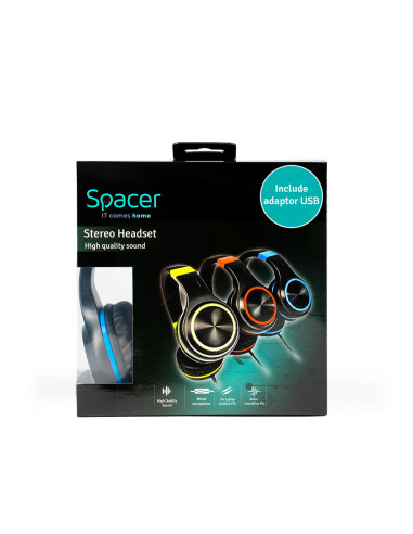 SPHS-PEARL-RD-USB,Casti Spacer, cu fir, standard, utilizare multimedia, microfon pe fir, pliabile, banda ajustabila, Negru/Rosu