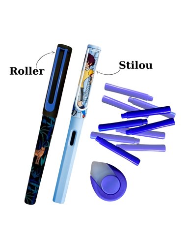 EAN-018426,Set roller + stilou bleu cu penita ascunsa si cerneala termosensibila + Rezerve, radiera