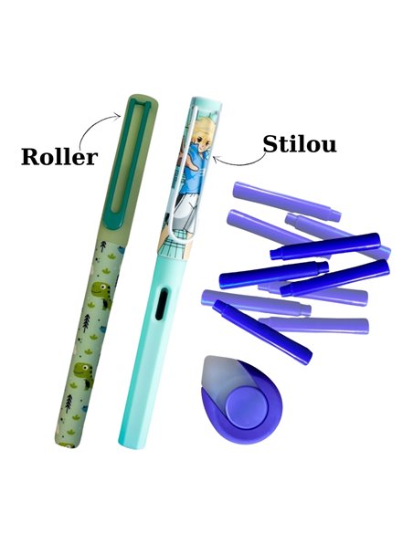 EAN-018419,Set roller + stilou verde cu penita ascunsa si cerneala termosensibila + Rezerve, radiera