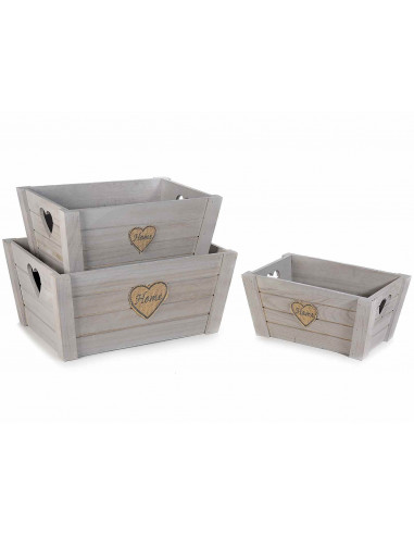 Set 3 cutii lemn cu maner inima, Gri,191113016