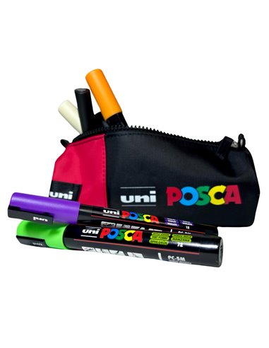 P4193,Penar cilindric POSCA 003 1 fermoar, echipat cu 16 piese, Negru/Rosu