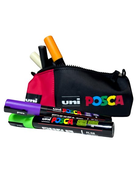 P4193,Penar cilindric POSCA 003 1 fermoar, echipat cu 16 piese, Negru/Rosu