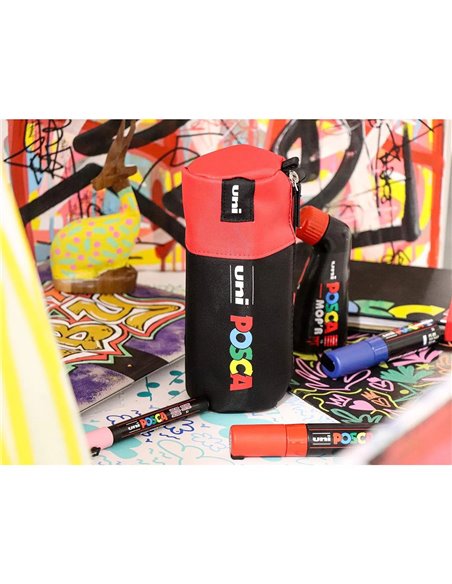 P4193,Penar cilindric POSCA 003 1 fermoar, echipat cu 16 piese, Negru/Rosu