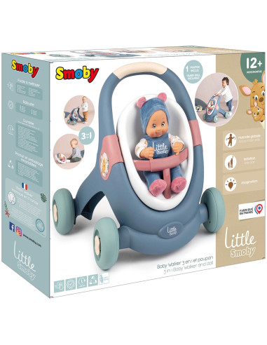 S7600140308,Carucior pentru papusi Smoby Baby Walker 3 in 1 cu papusa