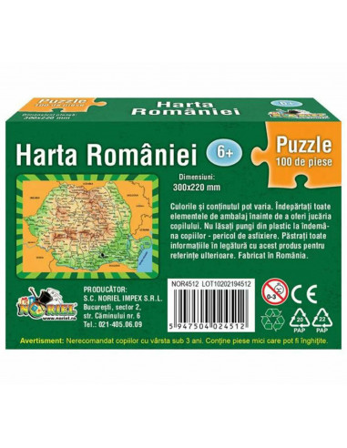 Puzzle Noriel Harta Romaniei Travel Size, 100 piese,NOR4512