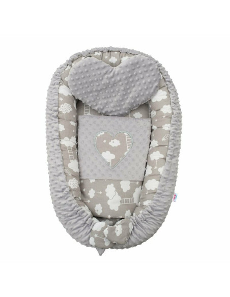 BN-42796,Set 3 piese, New Baby, Luxury, Baby Nest cu doua fete, Cu paturica si pernuta in forma de inima, Minky Heart Cloud