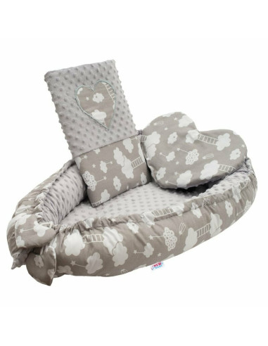 BN-42796,Set 3 piese, New Baby, Luxury, Baby Nest cu doua fete, Cu paturica si pernuta in forma de inima, Minky Heart Cloud