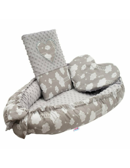 BN-42796,Set 3 piese, New Baby, Luxury, Baby Nest cu doua fete, Cu paturica si pernuta in forma de inima, Minky Heart Cloud