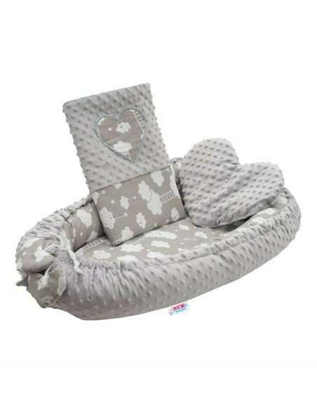 BN-42796,Set 3 piese, New Baby, Luxury, Baby Nest cu doua fete, Cu paturica si pernuta in forma de inima, Minky Heart Cloud