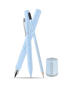 Set Faber-Castell cu sticlou penita M, pix, creion si ascutitoare, Motiv Blue Sky