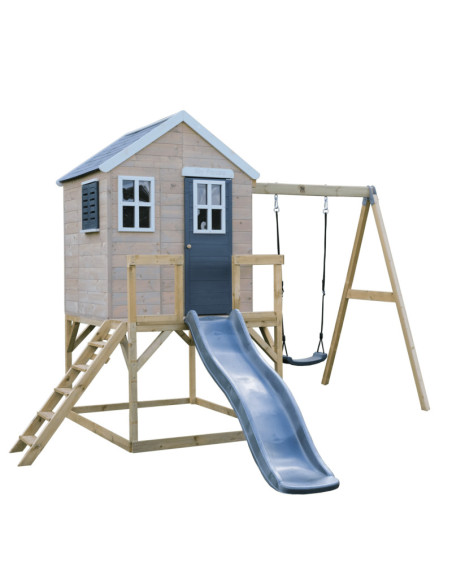 M24G,Casuta de gradina Grey Lodge cu platforma, tobogan si leagan (M24G), Wendi Toys