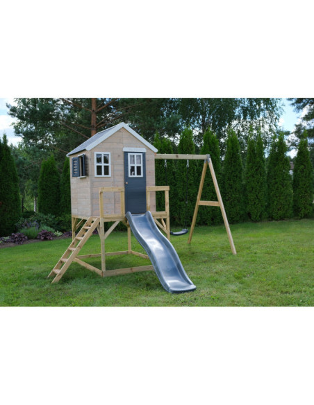 M24G,Casuta de gradina Grey Lodge cu platforma, tobogan si leagan (M24G), Wendi Toys