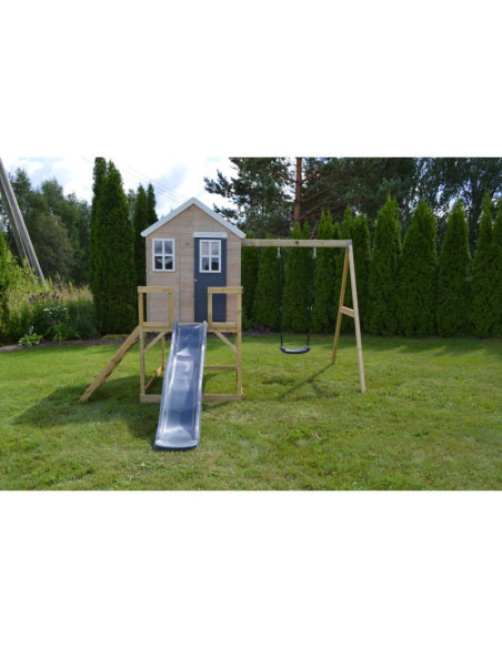M24G,Casuta de gradina Grey Lodge cu platforma, tobogan si leagan (M24G), Wendi Toys