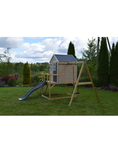 M24G,Casuta de gradina Grey Lodge cu platforma, tobogan si leagan (M24G), Wendi Toys
