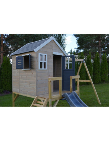 M28G,Casuta de gradina Grey Lodge cu platforma, tobogan si leagan dublu (M28G), Wendi Toys