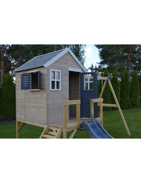 M28G,Casuta de gradina Grey Lodge cu platforma, tobogan si leagan dublu (M28G), Wendi Toys