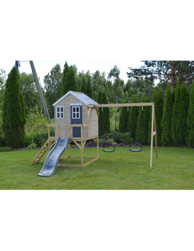 M28G,Casuta de gradina Grey Lodge cu platforma, tobogan si leagan dublu (M28G), Wendi Toys