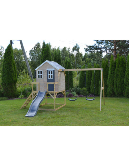 M28G,Casuta de gradina Grey Lodge cu platforma, tobogan si leagan dublu (M28G), Wendi Toys