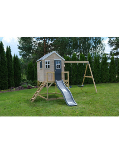 M28G,Casuta de gradina Grey Lodge cu platforma, tobogan si leagan dublu (M28G), Wendi Toys