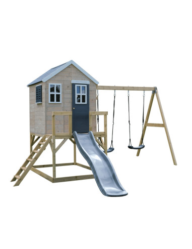 M28G,Casuta de gradina Grey Lodge cu platforma, tobogan si leagan dublu (M28G), Wendi Toys
