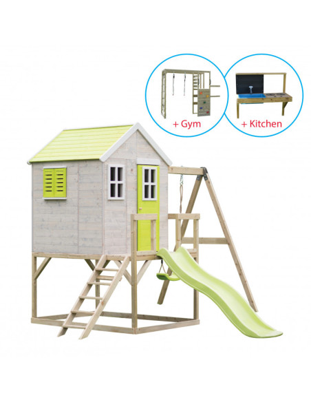 M24L_GK,Casuta de gradina Lime Lodge cu tobogan, leagan, modul sport si bucatarie, Wendi Toys