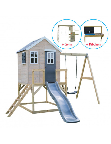 M24G_GK,Casuta de gradina Grey Lodge cu tobogan, leagan, modul sport si bucatarie, Wendi Toys