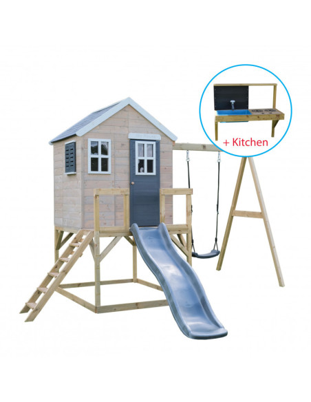 M24G_K,Casuta de gradina Grey Lodge cu tobogan, leagan, modul sport si bucatarie, Wendi Toys