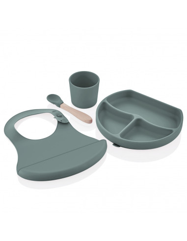 UP-bj_7285,Set diversificare 4 piese din silicon BabyJem: bavetica, farfurie, lingurita si pahar (Culoare: Maro)