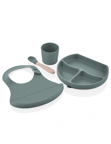UP-bj_7285,Set diversificare 4 piese din silicon BabyJem: bavetica, farfurie, lingurita si pahar (Culoare: Maro)