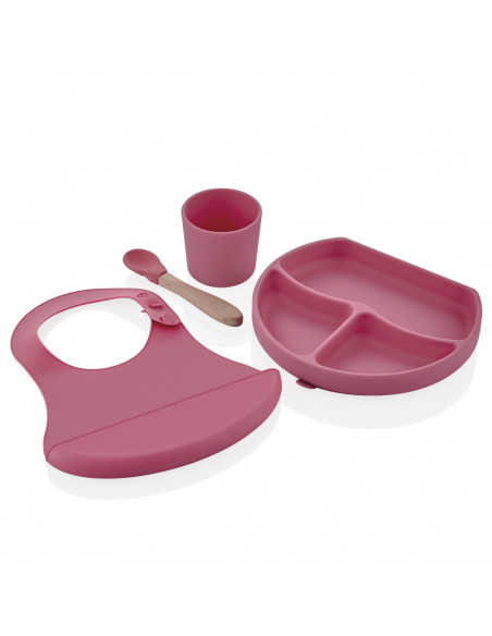 UP-bj_7285,Set diversificare 4 piese din silicon BabyJem: bavetica, farfurie, lingurita si pahar (Culoare: Maro)