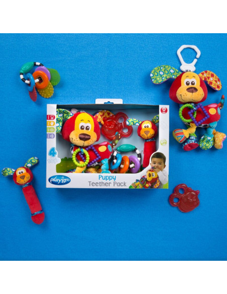 BN-0183171,Set 4 jucarii dentitie si pentru carucior, Playgro, Stimuleaza dezvoltarea tactila si vizuala, Calmeaza gingiile dure