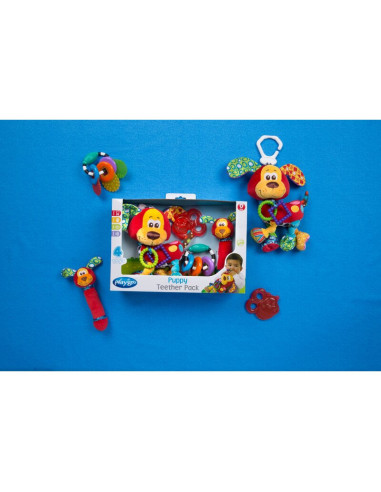 BN-0183171,Set 4 jucarii dentitie si pentru carucior, Playgro, Stimuleaza dezvoltarea tactila si vizuala, Calmeaza gingiile dure