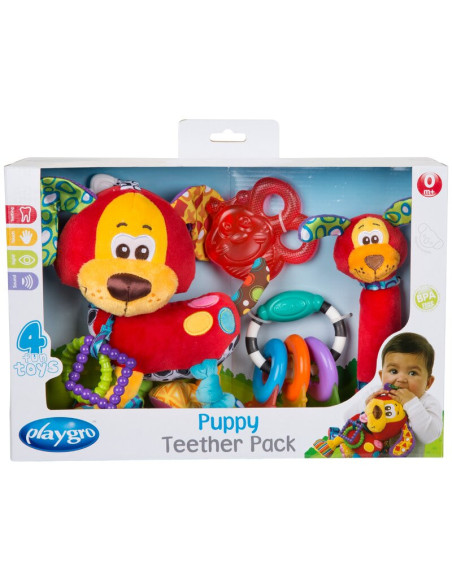 BN-0183171,Set 4 jucarii dentitie si pentru carucior, Playgro, Stimuleaza dezvoltarea tactila si vizuala, Calmeaza gingiile dure