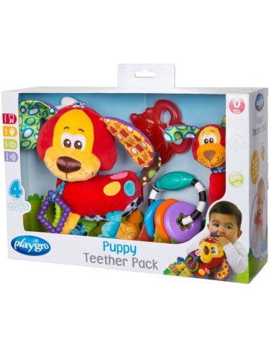 BN-0183171,Set 4 jucarii dentitie si pentru carucior, Playgro, Stimuleaza dezvoltarea tactila si vizuala, Calmeaza gingiile dure