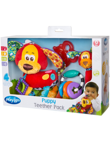 BN-0183171,Set 4 jucarii dentitie si pentru carucior, Playgro, Stimuleaza dezvoltarea tactila si vizuala, Calmeaza gingiile dure