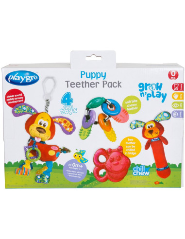 BN-0183171,Set 4 jucarii dentitie si pentru carucior, Playgro, Stimuleaza dezvoltarea tactila si vizuala, Calmeaza gingiile dure