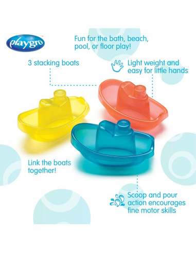 BN-183454,Set 3 jucarii de baie, Playgro, Include 3 barcute colorate, Cu gauri pentru a se revarsa apa, 6 luni+, Bright Baby Boa