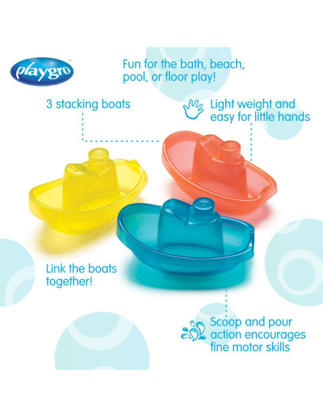 BN-183454,Set 3 jucarii de baie, Playgro, Include 3 barcute colorate, Cu gauri pentru a se revarsa apa, 6 luni+, Bright Baby Boa