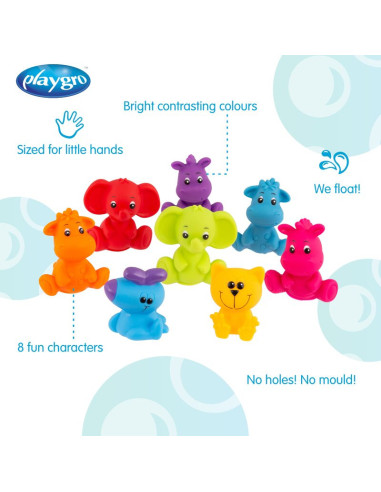 BN-188417,Set 8 jucarii de baie, Playgro, Animalute, Fara gauri, Culori contrastante, Stimuleaza imaginatia si abilitatile motor