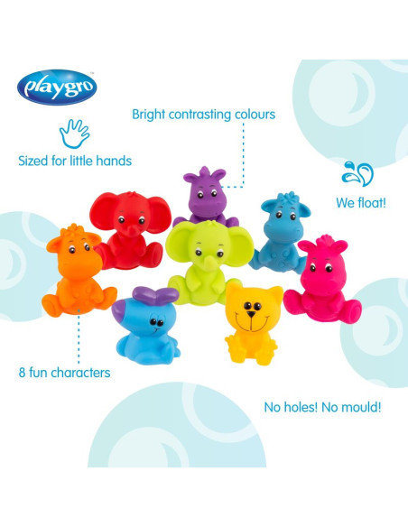 BN-188417,Set 8 jucarii de baie, Playgro, Animalute, Fara gauri, Culori contrastante, Stimuleaza imaginatia si abilitatile motor