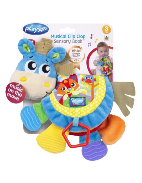 BN-187552,Jucarie din plus, Playgro, Clip Clop, Carticica tactila, Stimuleaza dezvoltarea senzoriala, Cu inele pentru dentitie, 