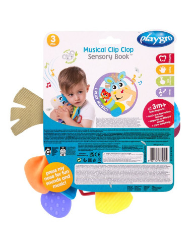 BN-187552,Jucarie din plus, Playgro, Clip Clop, Carticica tactila, Stimuleaza dezvoltarea senzoriala, Cu inele pentru dentitie, 