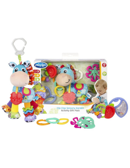 BN-188178,Set jucarii carucior si dentitie, Playgro, Clip Clop, Cu 3 jucarii, Cu 3 inele pentru dentitie, Cu diverse forme si te