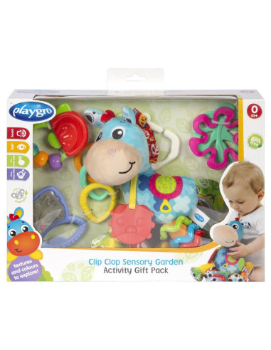 BN-188178,Set jucarii carucior si dentitie, Playgro, Clip Clop, Cu 3 jucarii, Cu 3 inele pentru dentitie, Cu diverse forme si te
