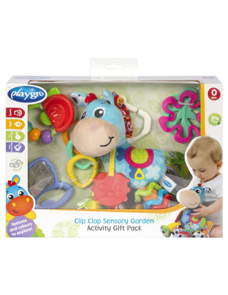 BN-188178,Set jucarii carucior si dentitie, Playgro, Clip Clop, Cu 3 jucarii, Cu 3 inele pentru dentitie, Cu diverse forme si te