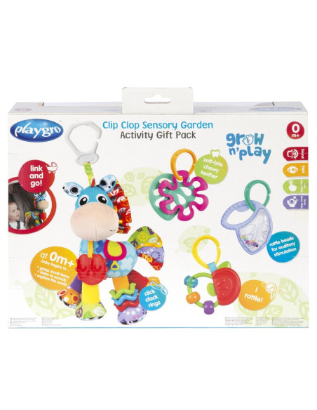 BN-188178,Set jucarii carucior si dentitie, Playgro, Clip Clop, Cu 3 jucarii, Cu 3 inele pentru dentitie, Cu diverse forme si te